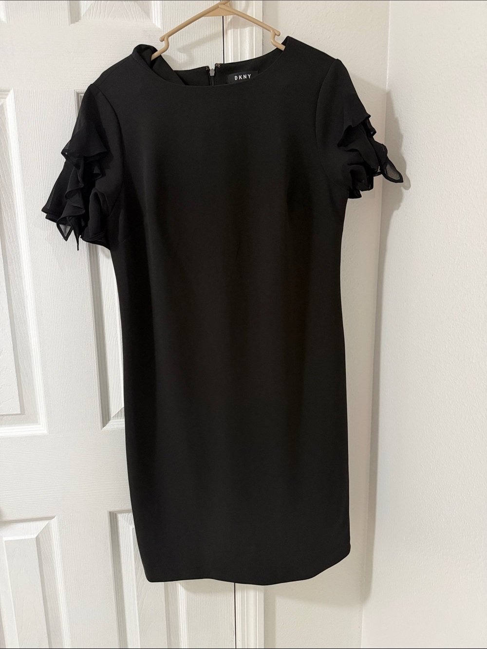 DKNY Black Short Sleeve Shift Dress with Layered Ruffle Sleeves